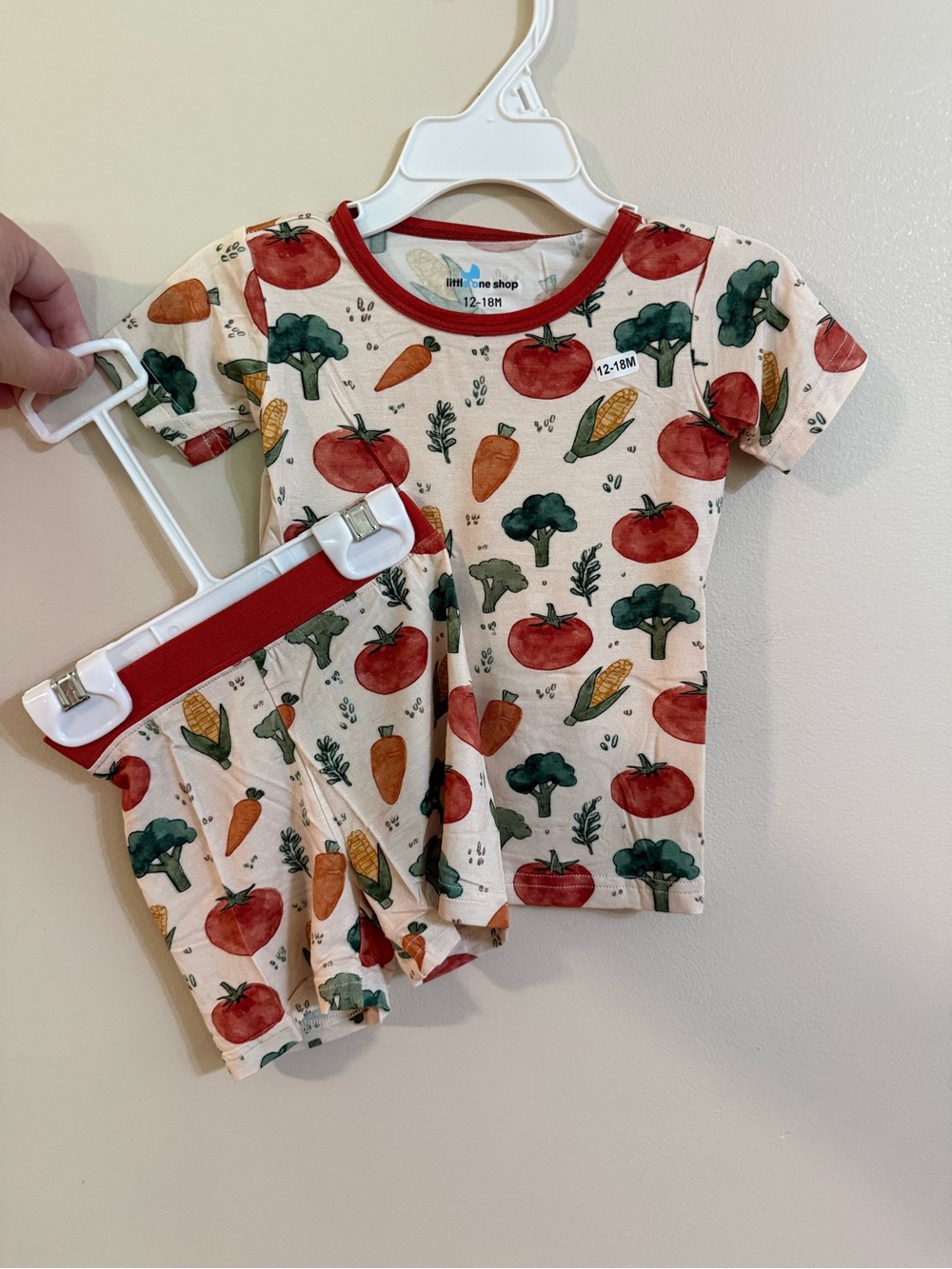 Little One Shop Kids Vegetable Print Pajama Set Cream with Red Trim 12-18 month